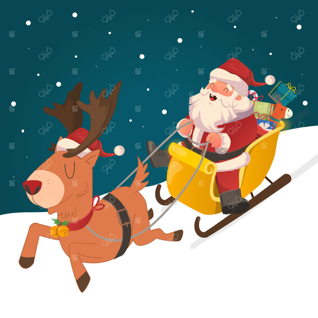 تصویرسازی دستی از پرواز بابانوئل با سورتمه گوزن‌ها برای توزیع هدایای شب کریسمس