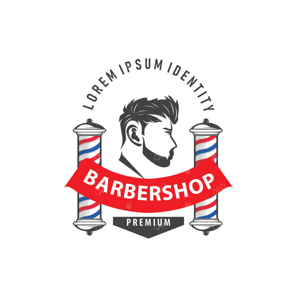 طراحی لوگوی آرایشگاه مدرن رترو، مفهوم آرایشگاه با مدل‌موهای جذاب و آیکون خطی از تجهیزات اصلاح، پترن تصویرسازی برای برند محصول، کسب‌و‌کار و فروشگاه