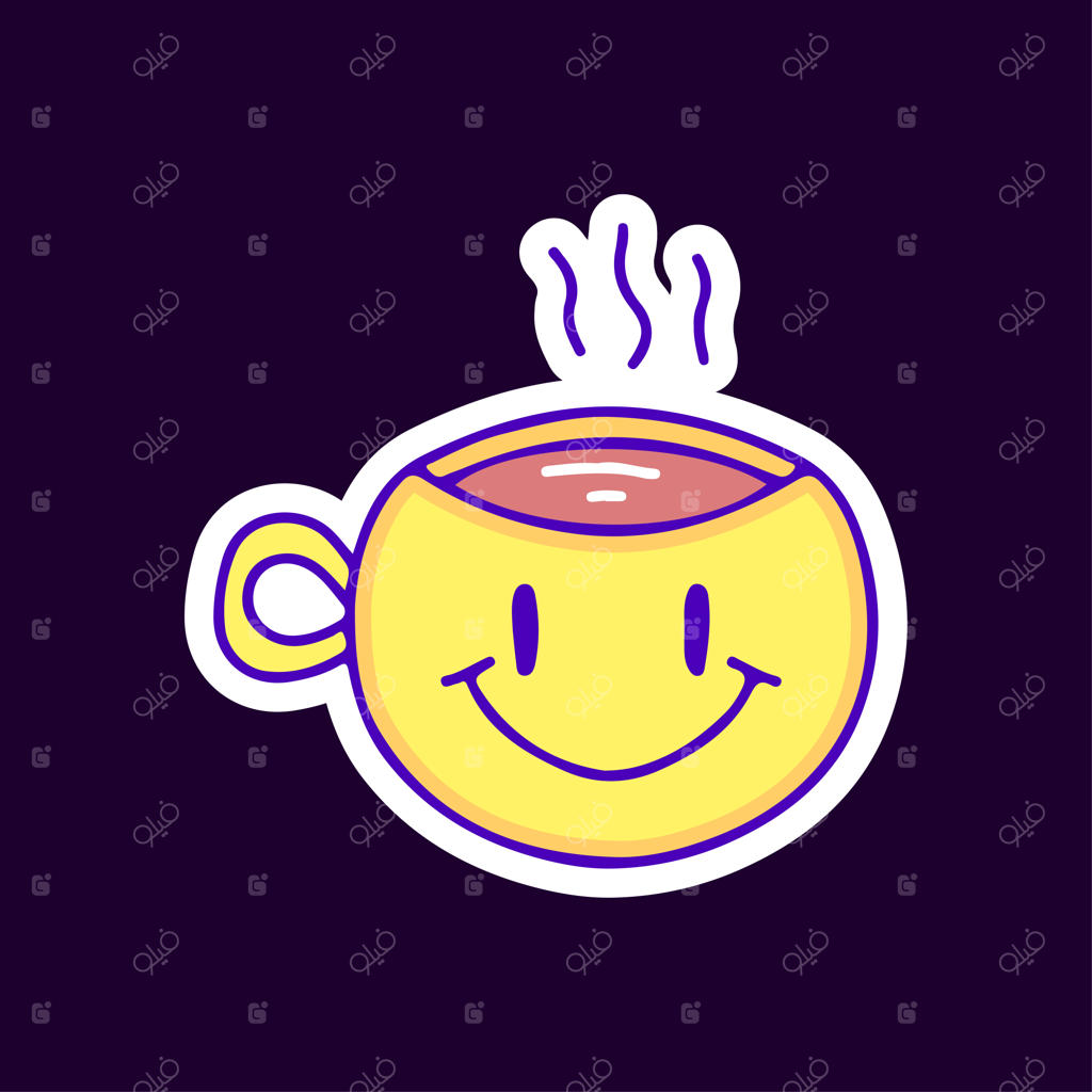 فنجان قهوه با چهره خندان کارتونی، طراحی برای تیشرت و استیکر.