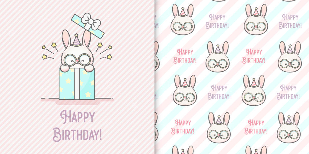 خرگوش بامزه با کلاه جشن و کارت و دو الگوی یکپارچه