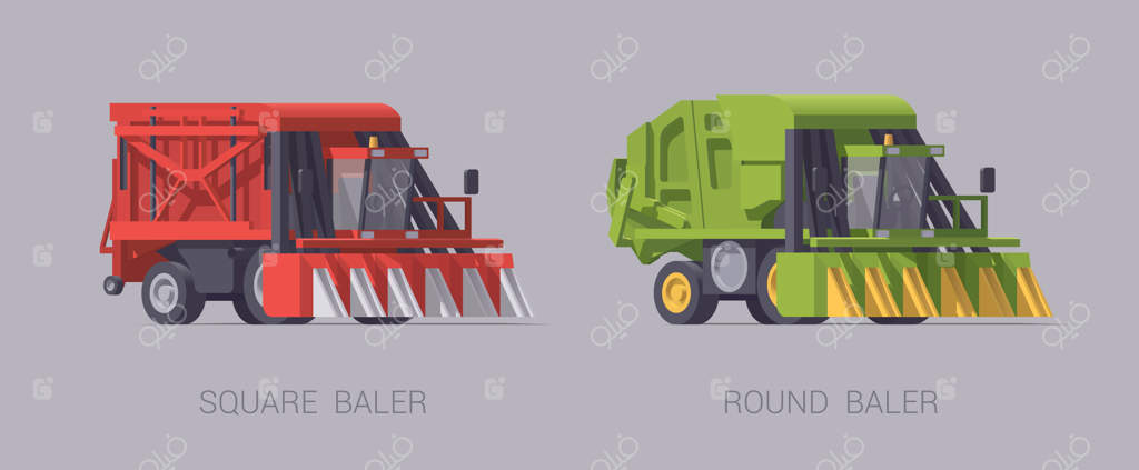 مجموعه‌ای از ماشین‌آلات کشاورزی جدا شده بر روی زمینه خاکستری