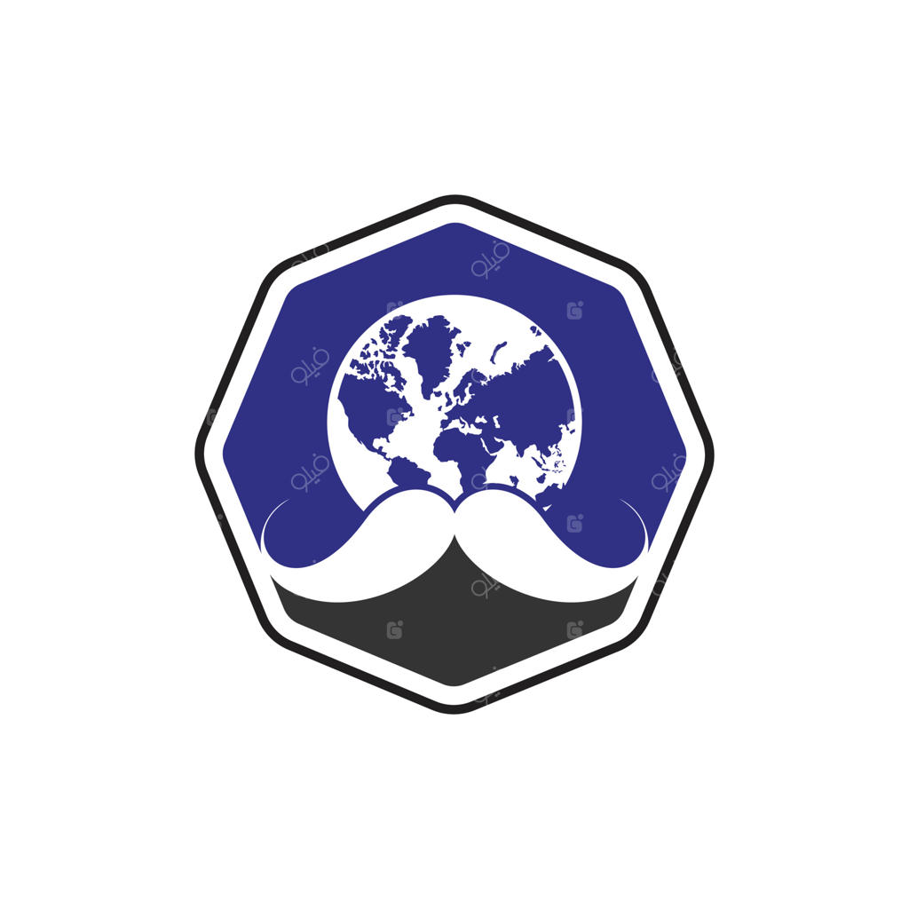 قالب طراحی لوگوی وکتور آرایشگر جهانی: طراحی لوگوی سبیل و نماد کره زمین.