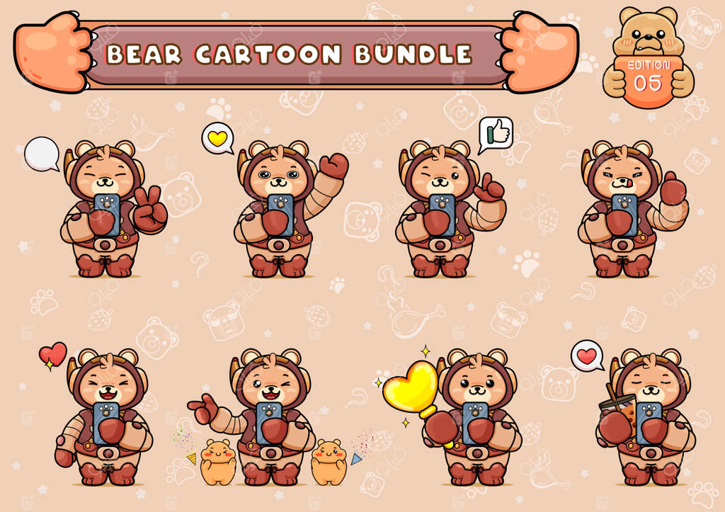 دسته یا مجموعه‌ای از تصاویر جذاب خرس فضانورد با گوشی هوشمند و وسایل دیگر