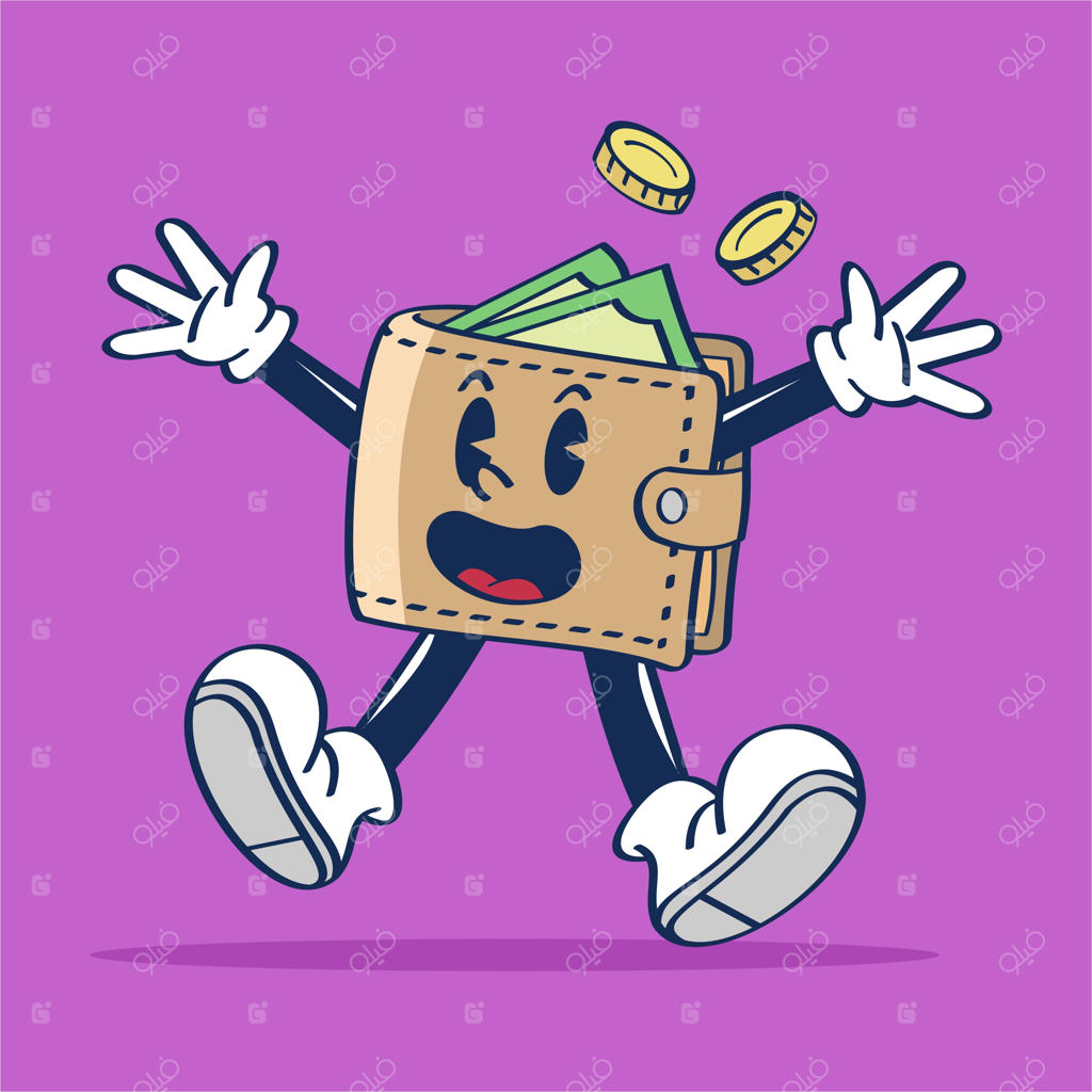 کارتون شخصیت کیف پول در حال پریدن با خوشحالی بر روی پس‌زمینه بنفش نقاشی دستی وکتور