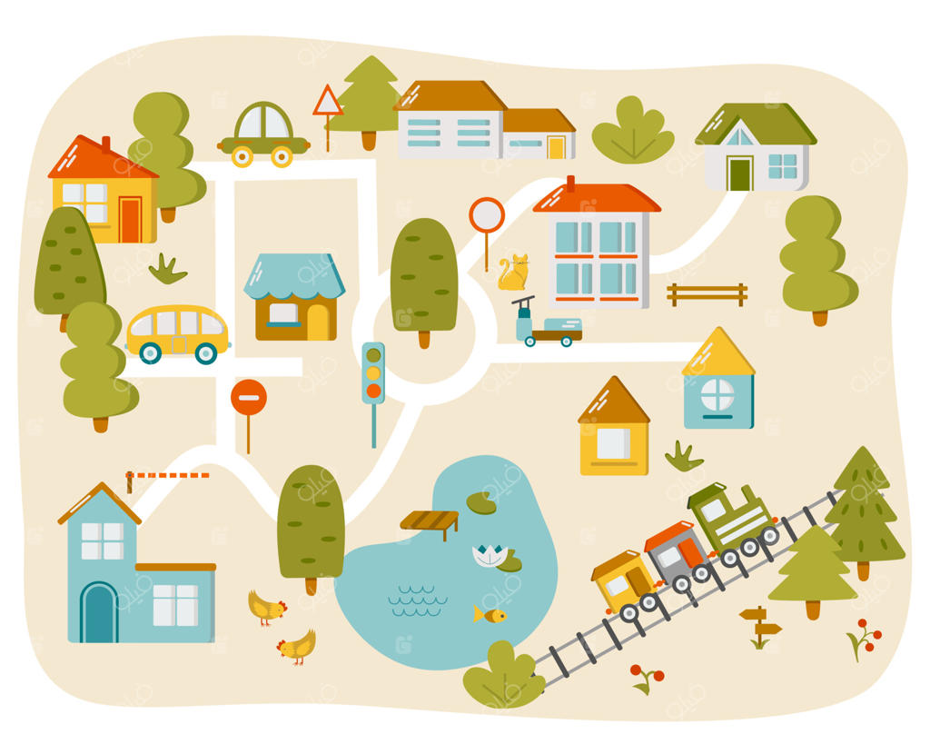 نقشه شهر زیبا برای اتاق کودک. منظره‌ای با جزئیات فراوان. زیرانداز بازی برای فعالیت کودکان. تصویرسازی وکتور.