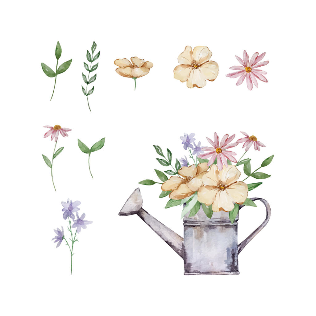 آبپاش آبرنگی با گل‌های باغچه‌ای