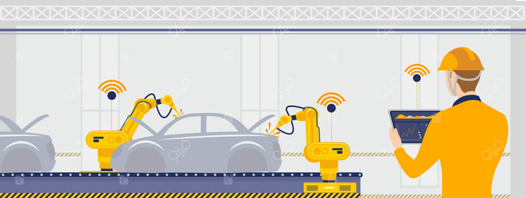 تصویرسازی کارخانه هوشمند با کارگران، ربات‌ها و خط تولید خودکار.