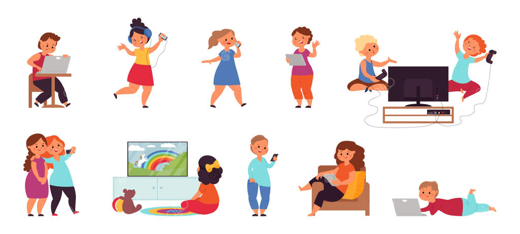 کودکان و گجت‌ها: اعتیاد نوجوانان به گوشی - استفاده کودکان از تلفن همراه - جوانان در اینترنت، تماشای تلویزیون یا شبکه‌های اجتماعی - مجموعه‌ای از وکتورها