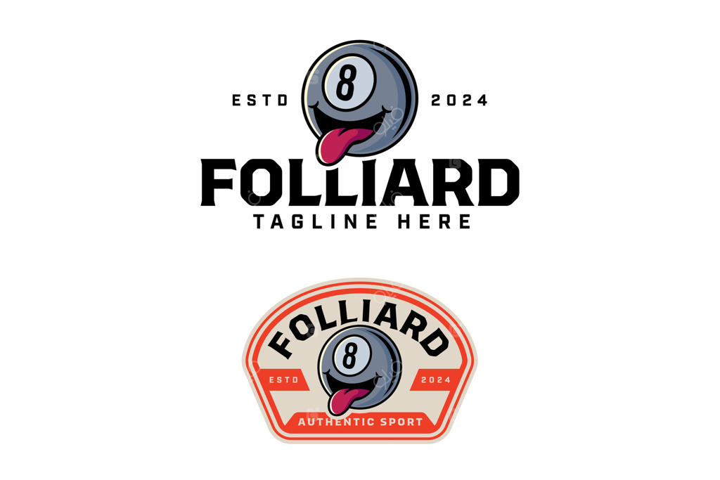 طراحی لوگو توپ بیلیارد سیاه ۸ با چهره خنده دار. لوگو نشان توپ بیلیارد ۸ با صورت مسخره و زبان بیرون آمده. تصویرسازی کارتونی توپ بیلیارد برای باشگاه و مسابقات ورزشی بیلیارد.