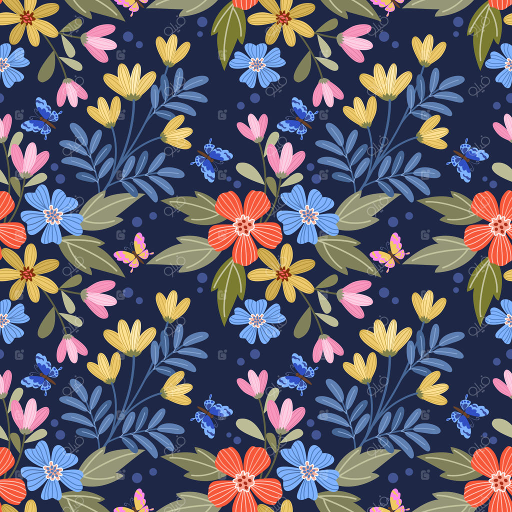 الگوی بدون درز گل‌های زیبا و پروانه