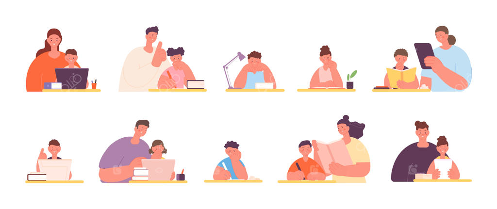 مجموعه وکتور کمک والدین به فرزندان در انجام تکالیف، آموزش مادر به دختر، حمایت پدر در درس خواندن و تدریس معلم به کودکان