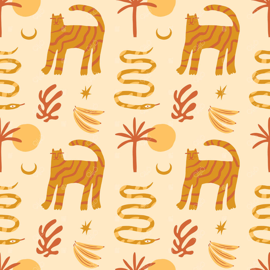 طرح یکپارچه ببرهای دودل کارتونی بوهوی شاد و کودکانه با طراحی دستی و جذاب