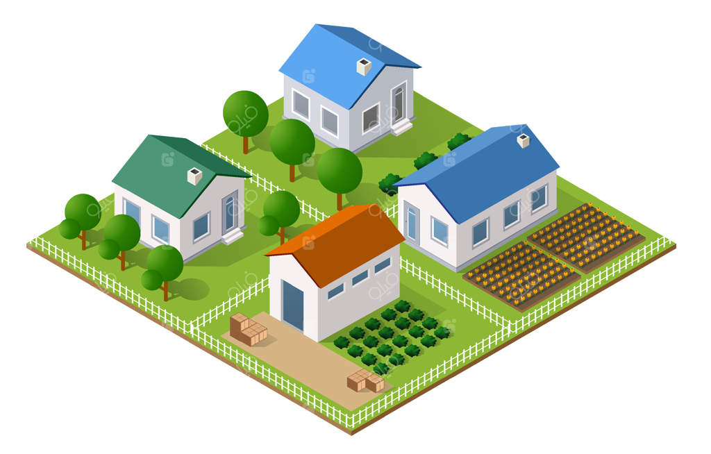 تصویر ایزومتریک از یک خانه و باغ