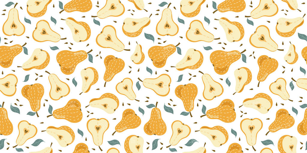 گلابی یکپارچه: پترن دست‌ کشیده‌ میوه کارتونی، برش‌ها و میوه کامل با برگ‌ها. غذای طبیعی ویتامینی، محصول باغ و برداشت. طراحی. دکور کاغذ دیواری.