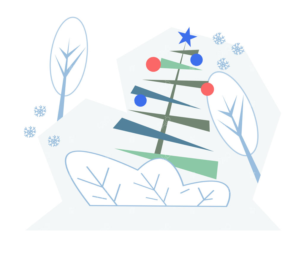 چشم‌انداز زمستانی کریسمس با درختان کاج و برف، تصویر برداری ساده و جدا شده.