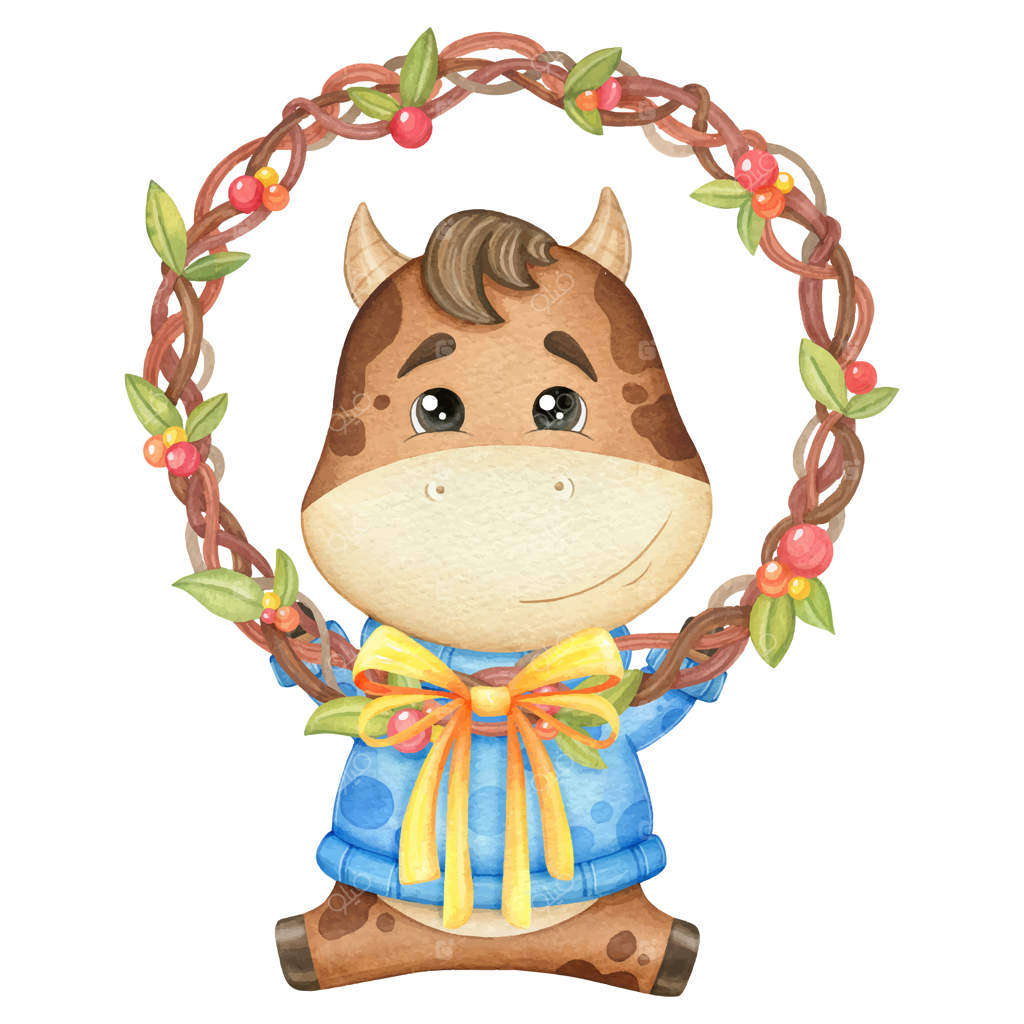 گاو بامزه با ژاکت و تاج گل - طرح آبرنگی