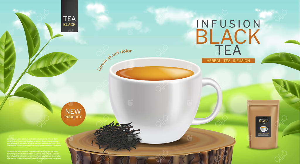 وکتور واقعی لیوان چای سیاه. مدل‌سازی بسته‌بندی محصول چای کیسه‌ای. تصاویر سه‌بعدی دقیق.