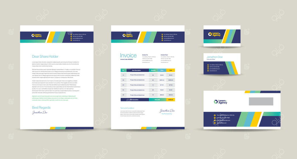 طراحی هویت برند تجاری یا طراحی ست اداری: سربرگ، کارت ویزیت، فاکتور، پاکت نامه برای استارتاپ‌ها