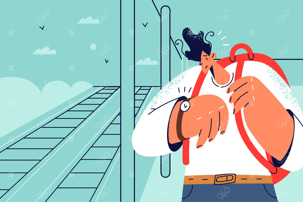 مردی مضطرب که نگران تأخیر قطار است، زمان را بررسی می‌کند.