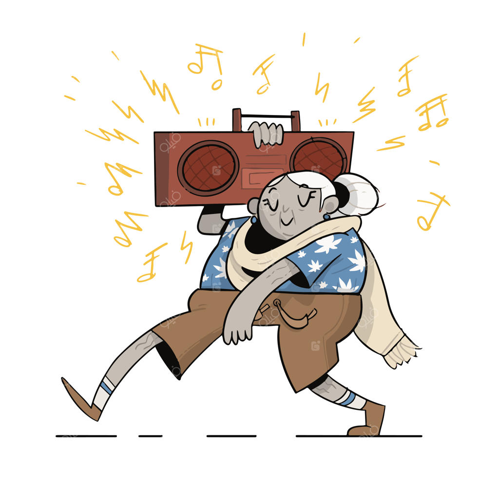 مادربزرگ مدرن با رادیویی که موسیقی پخش می‌کند