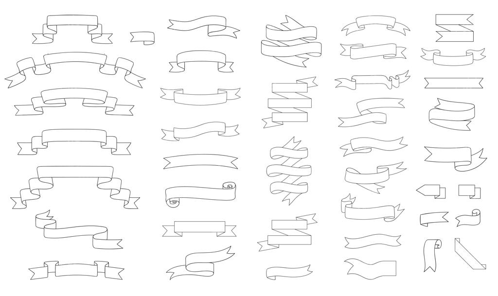 مجموعه طرح‌های بنر و روبان به سبک دودل در پس‌زمینه سفید