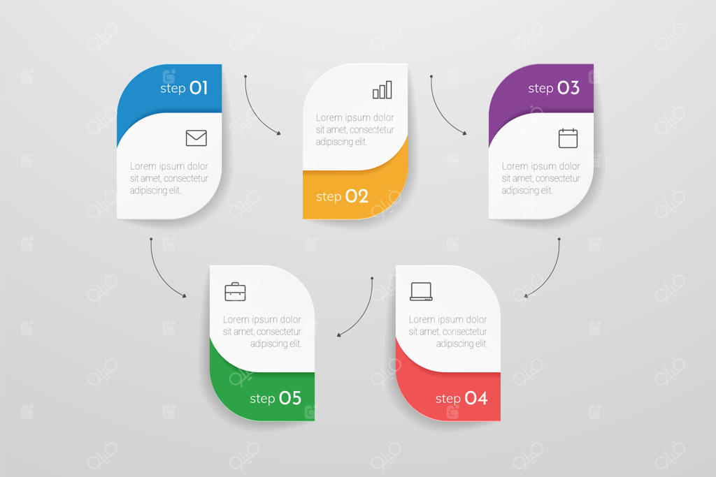 اینفوگرافیک مدرن ۵ مرحله‌ای با المان‌های فرآیند و تایم‌لاین تجاری