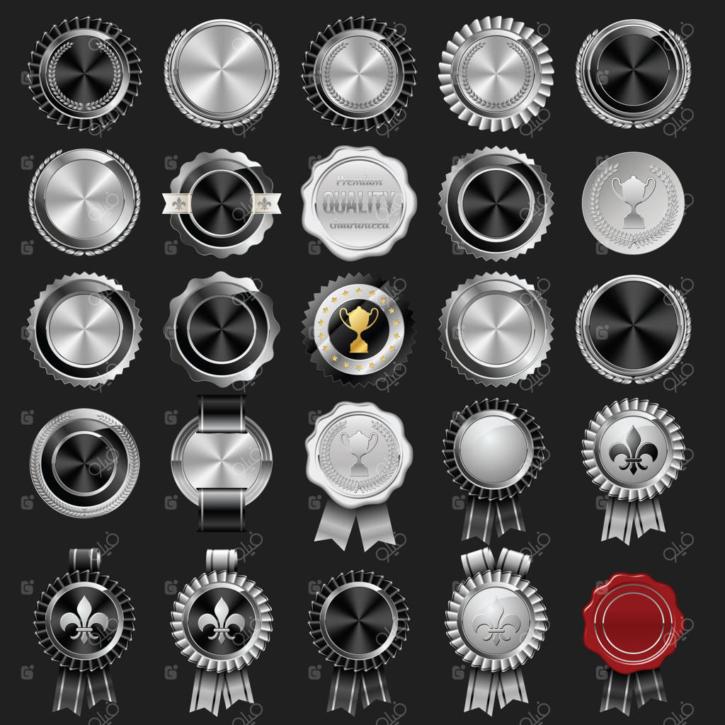 مجموعه مهرها و نشان‌های معتبر به رنگ نقره‌ای و مشکی