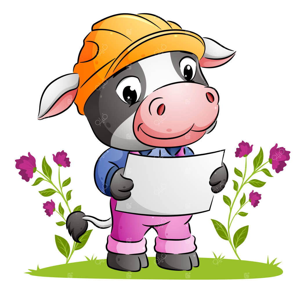 معمار بامزه گاو در حال نگه‌داشتن نقشه و استفاده از کلاه ایمنی برای تصویرسازی است