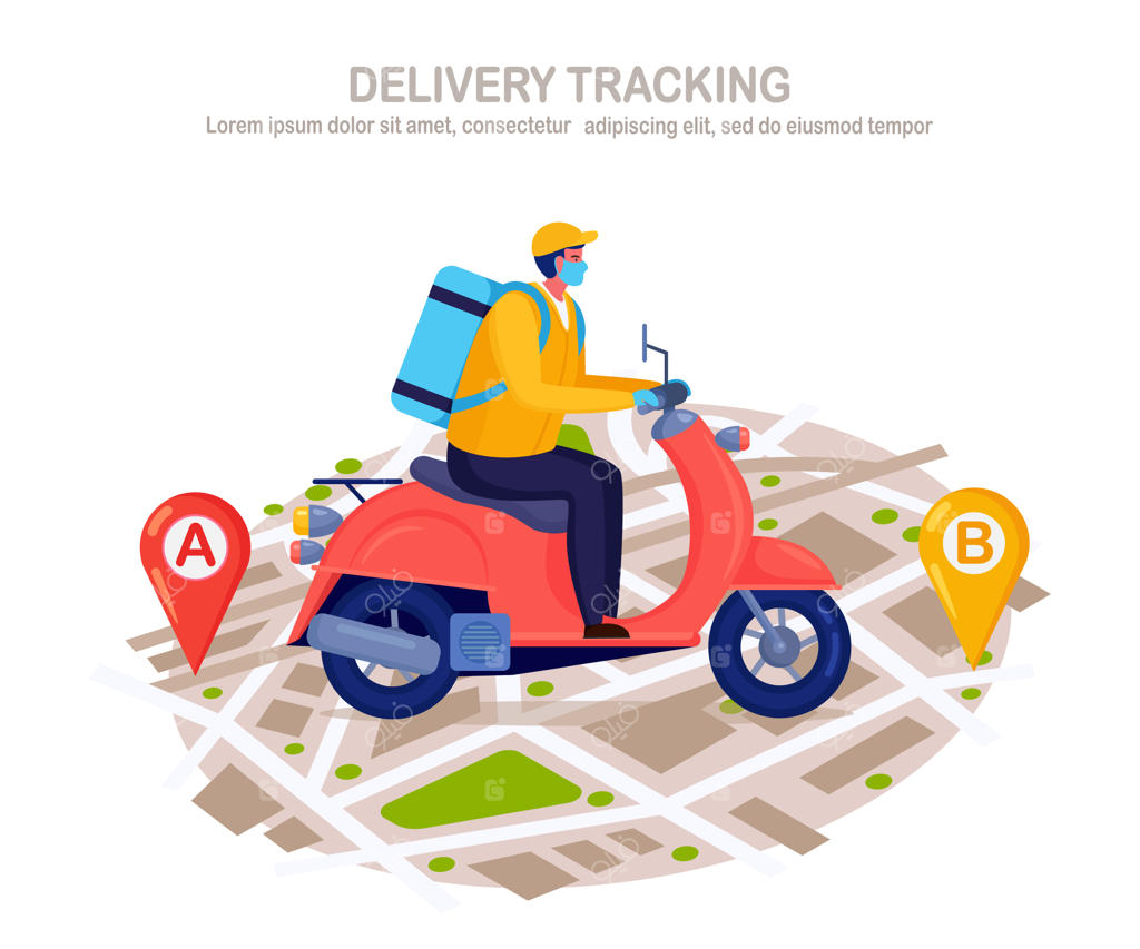 خدمات تحویل سریع و رایگان با اسکوتر. پیک سفارش غذا را می‌رساند. مردی با ماسک در حال تحویل بسته بر روی نقشه. پیشگیری از ویروس کرونا، کووید-۱۹