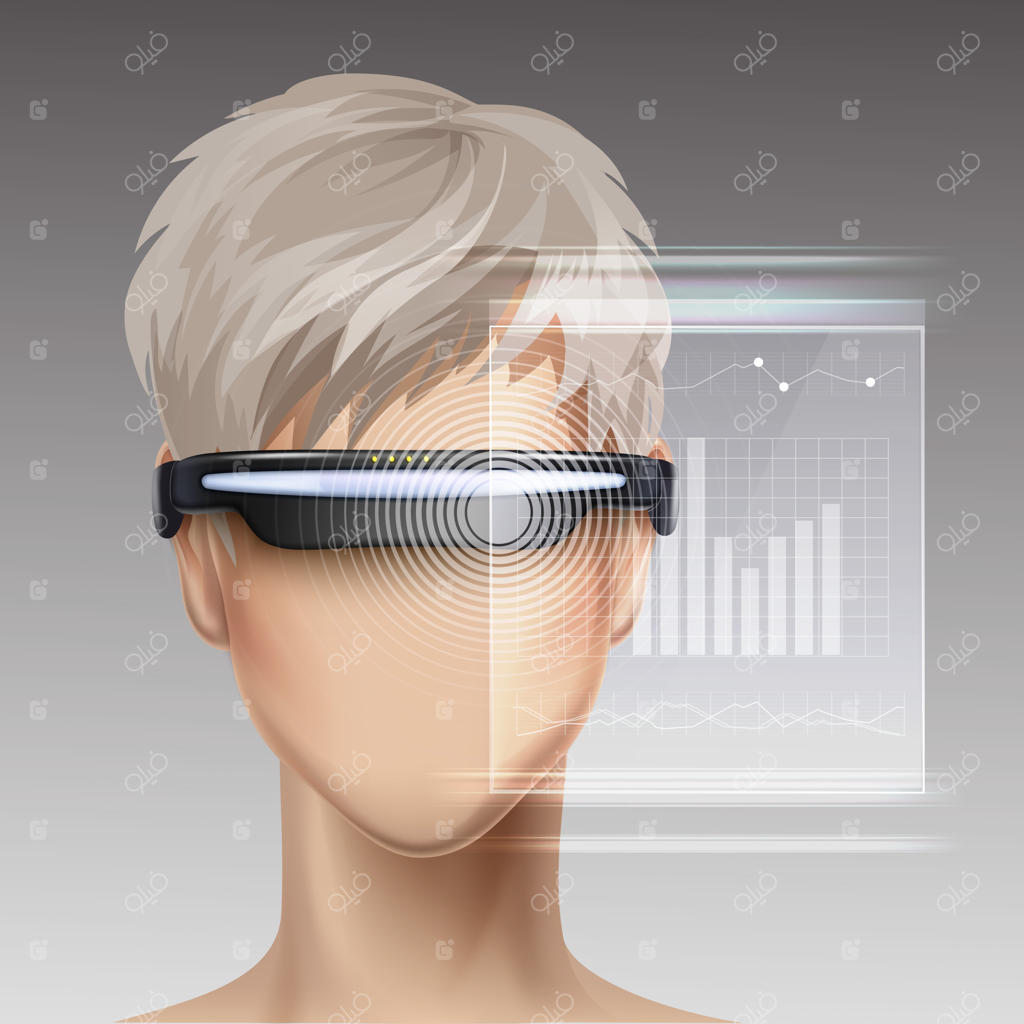 عینک واقعیت مجازی یا نمایشگر سربند نوری بر روی مانکن بدون چهره با رابط کاربری هولوگرافیک آینده‌نگر از نمای روبرو