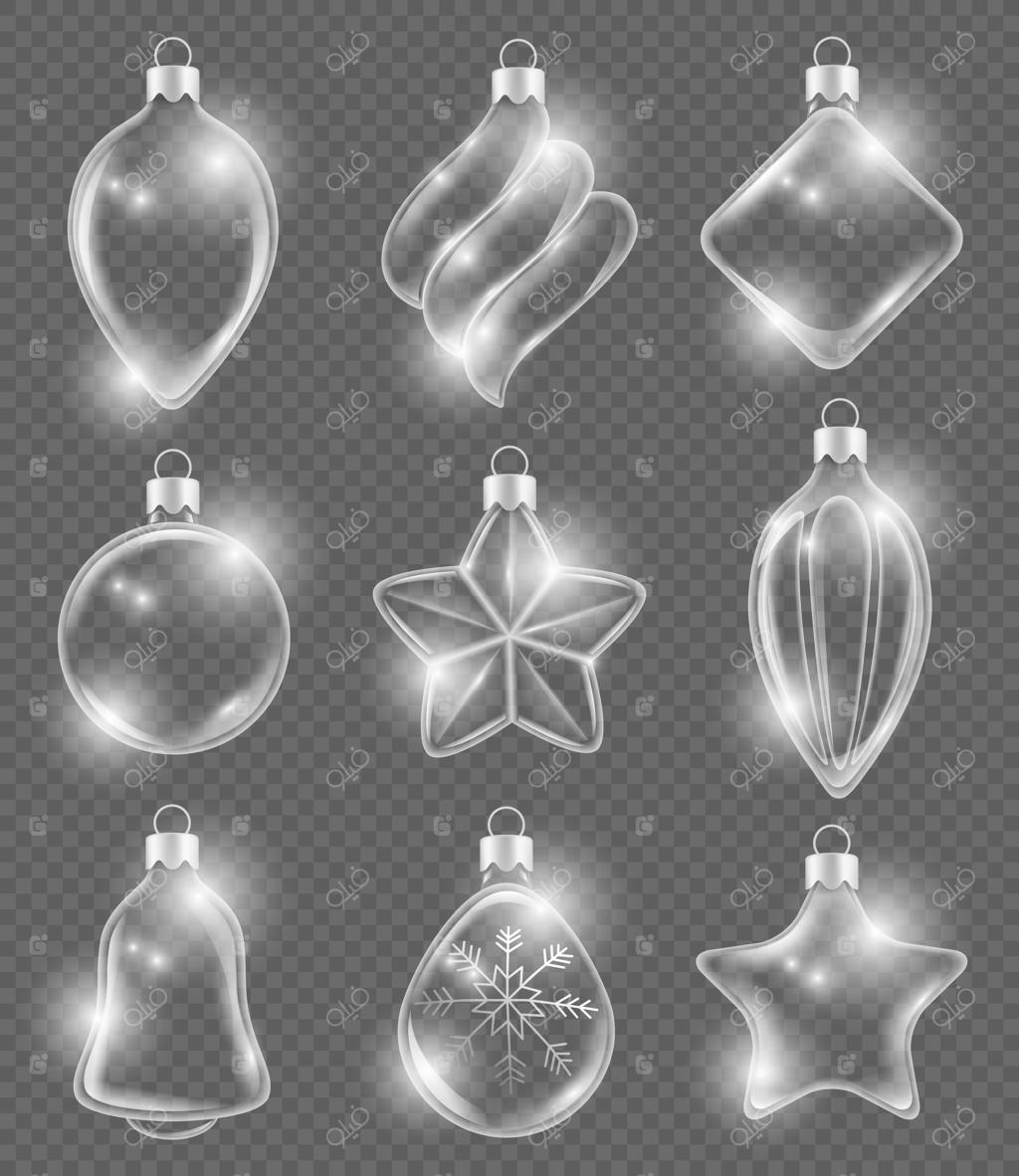 توپ‌های واقعی کریسمس: اسباب‌بازی‌های شیشه‌ای سال نو، تزئینات شفاف، روبان‌ها و آرایش‌های سه‌بعدی