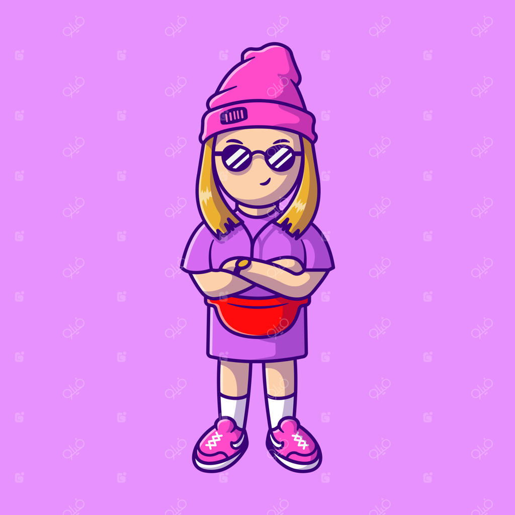 تصویر وکتور دختر باحال عینکی. نماد مد مردم به صورت وکتور پریمیوم. سبک کارتونی و تخت.