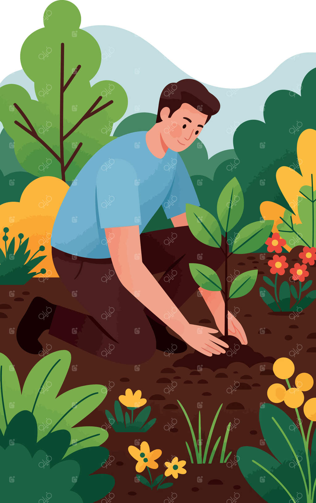 مردی در حال کاشت درخت جوان در باغ پر از گل و سرسبزی