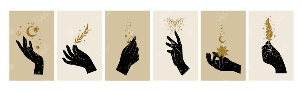 دست‌های زنانه اسرارآمیز: نمادهای معنوی و اسرارآمیز به سبک بوهو. طرح دست با ستاره‌ها. اشیاء کیمیاگری، خورشید، ماه، پروانه و شاخه‌های گل. مجموعه وکتوری