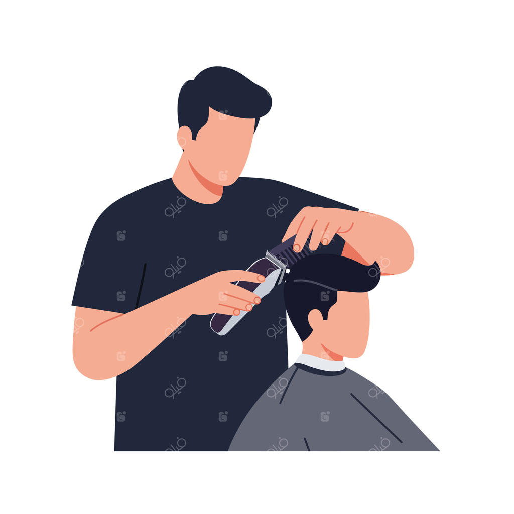 آرایشگر مرد در حال کوتاه کردن موی شیک جوانی در طرح هنری مینیمال و مدرن