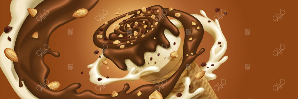 بستنی قیفی شکلاتی با چرخش سس و مغزیجات در اطراف آن