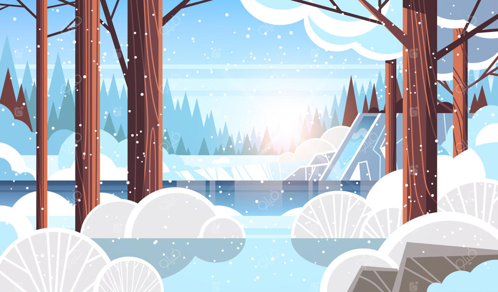 آبشار زیبای طبیعت در جنگل زمستانی برفی بر روی صخره‌های سنگی