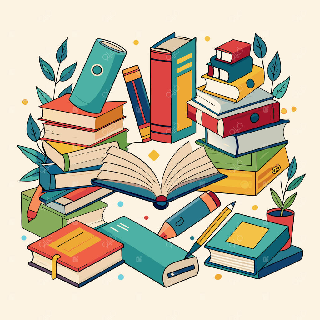 تصویرسازی خلاقانه و رنگارنگ آموزشی با کتاب‌ها و لوازم تحریر مدرسه