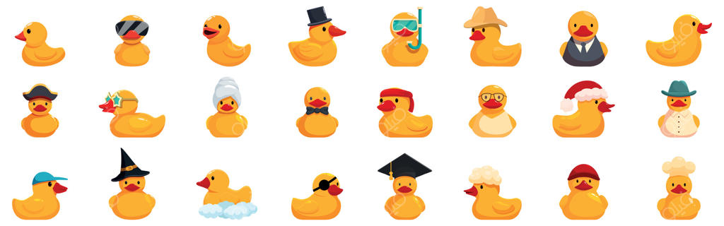 مجموعه آیکون‌های اردک پلاستیکی. اردک‌های پلاستیکی با لباس‌ها و کلاه‌های خنده‌دار روی پس‌زمینه سفید