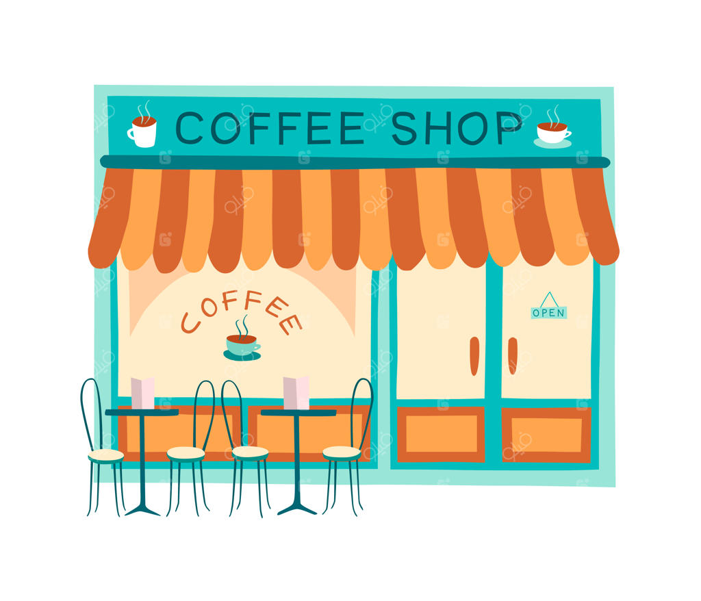 نقاشی رنگارنگ نمای جلوی کافه و رستوران