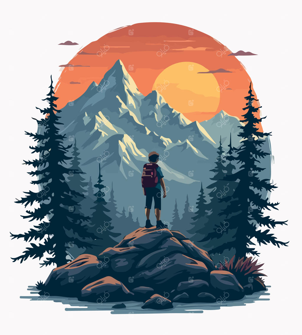 مرد ایستاده بر روی صخره در مقابل کوه با پس‌زمینه غروب آفتاب