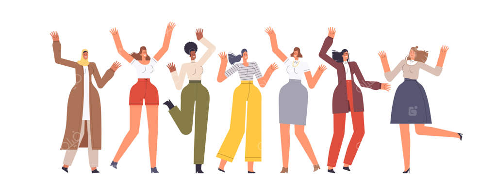 زنان ملیت‌های مختلف در جشن بهاری به رقص و شادی می‌پردازند. در پس‌زمینه‌ای سفید.