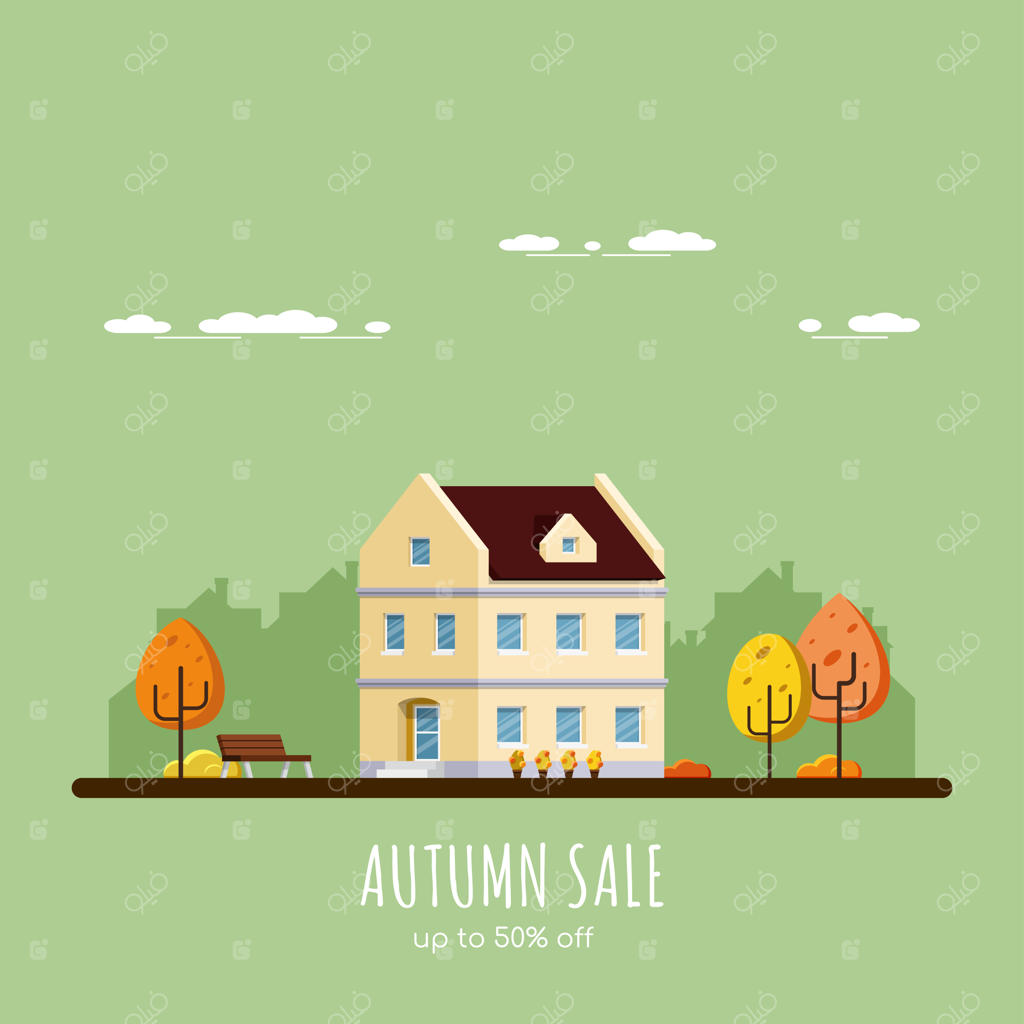 بنر فروش پاییزی، تصویر یک خانه با درختان، منظره روستایی، تصویرسازی به سبک تخت