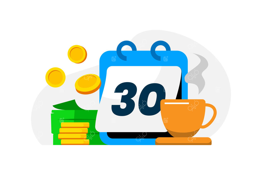 تصویر ساده از طرح‌های بازنشستگی، درآمد غیرفعال یا دوران بازنشستگی. نماد آزادی مالی، درآمد ماهانه و زندگی آرام با پشته‌ای از پول، تقویم و یک فنجان قهوه.