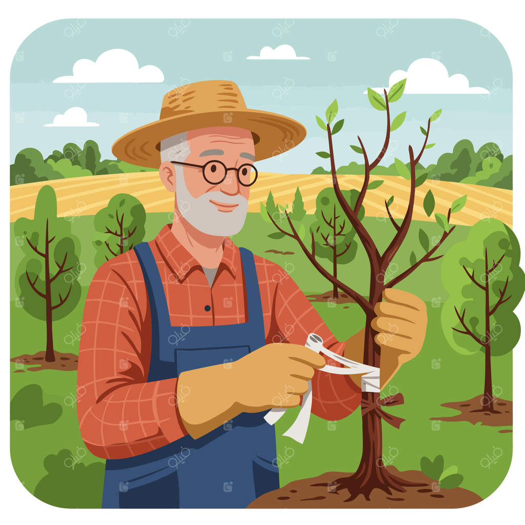 باغبان در حال بستن نهال جوان در باغ برای رشد سالم