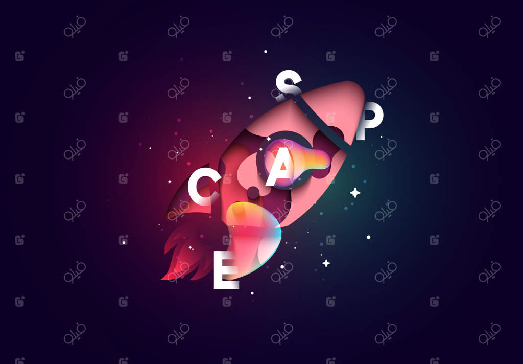 پس‌زمینه‌ای انتزاعی و روشن با موشک فضایی. پوستر مینیمالیستی از سفینه در فضا. طراحی واقعی فضاپیما. تصویرسازی وکتور