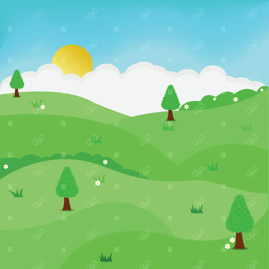 منظره‌ی باغ سبز در صبح با آفتاب درخشان و درختان سایه‌دار