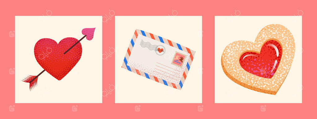 ست کارت‌های روز ولنتاین: کوکی، پاکت نامه عاشقانه، و قلب با پیکان برای بنر وب‌سایت، فروش، کارت ولنتاین، کاور، بروشور یا پوستر جشن در شبکه‌های اجتماعی. طراحی مدرن.
