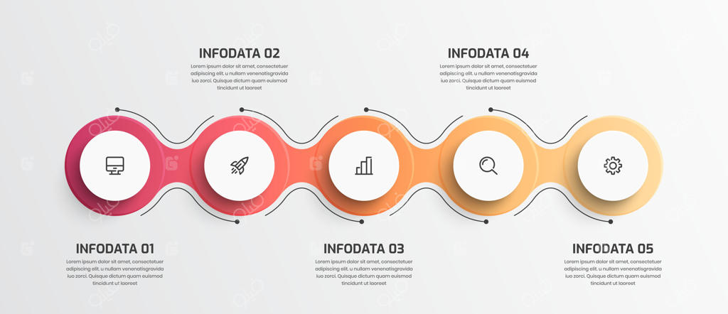 ارائه اینفوگرافیک خط زمانی کسب‌وکار با برچسب دایره‌ای و ۵ گزینه و آیکون