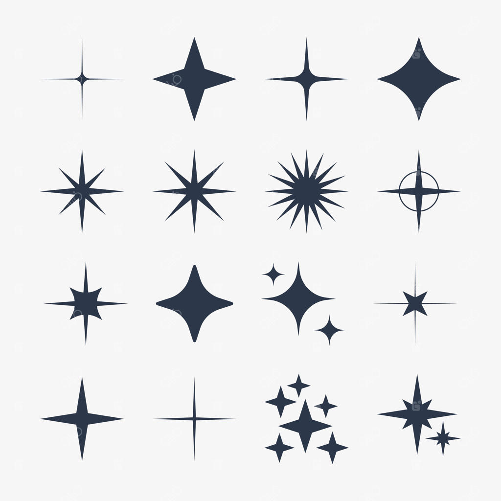آیکون‌های مینیمال و سیلوئت ستاره، نمادهای هندسی مدرن و شکل‌های ستاره درخشان